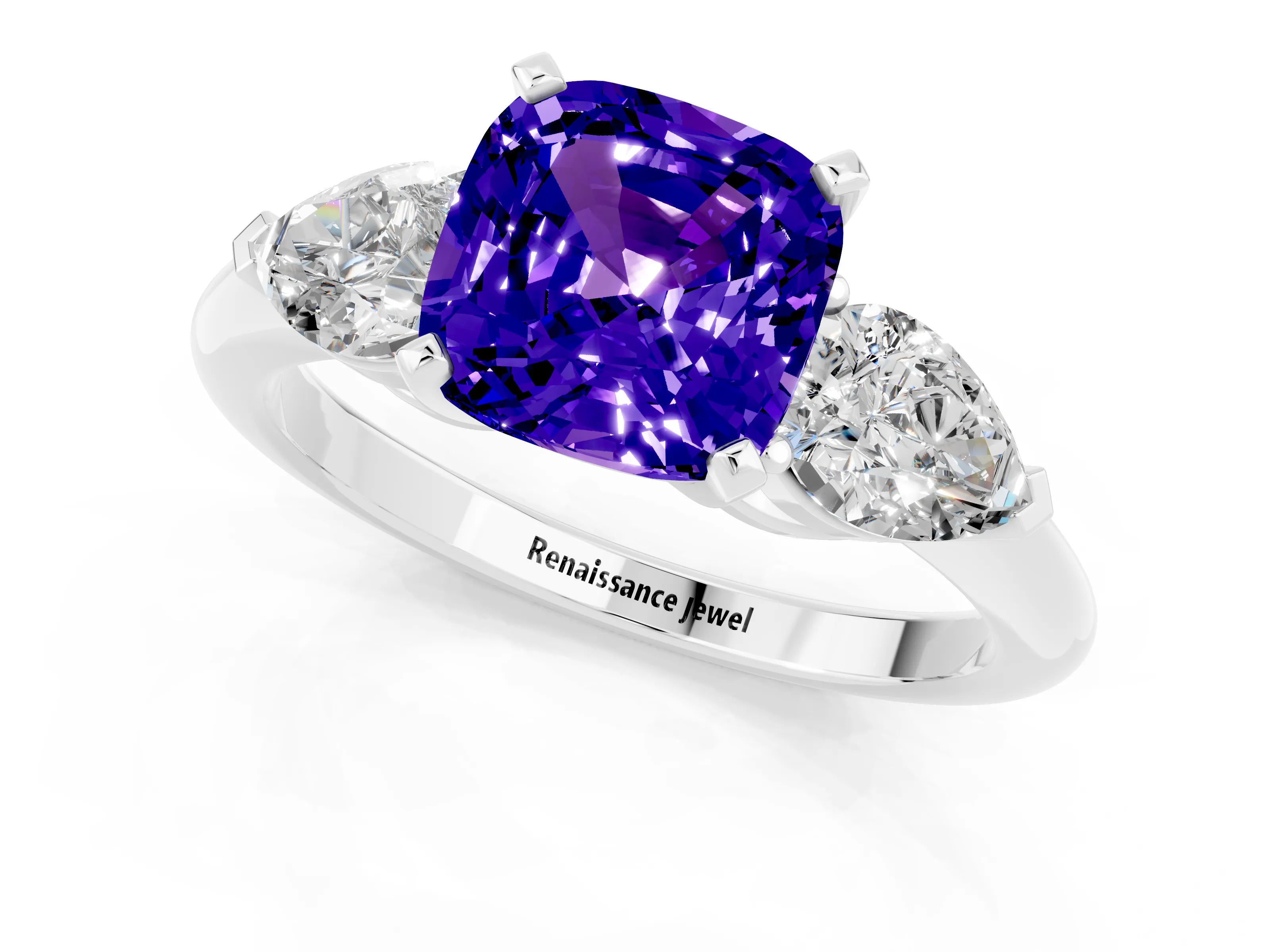 White gold Three-Stone Cushion Cut Tanzanite Ring with Pear Side Stones and Four-Prong Setting_1