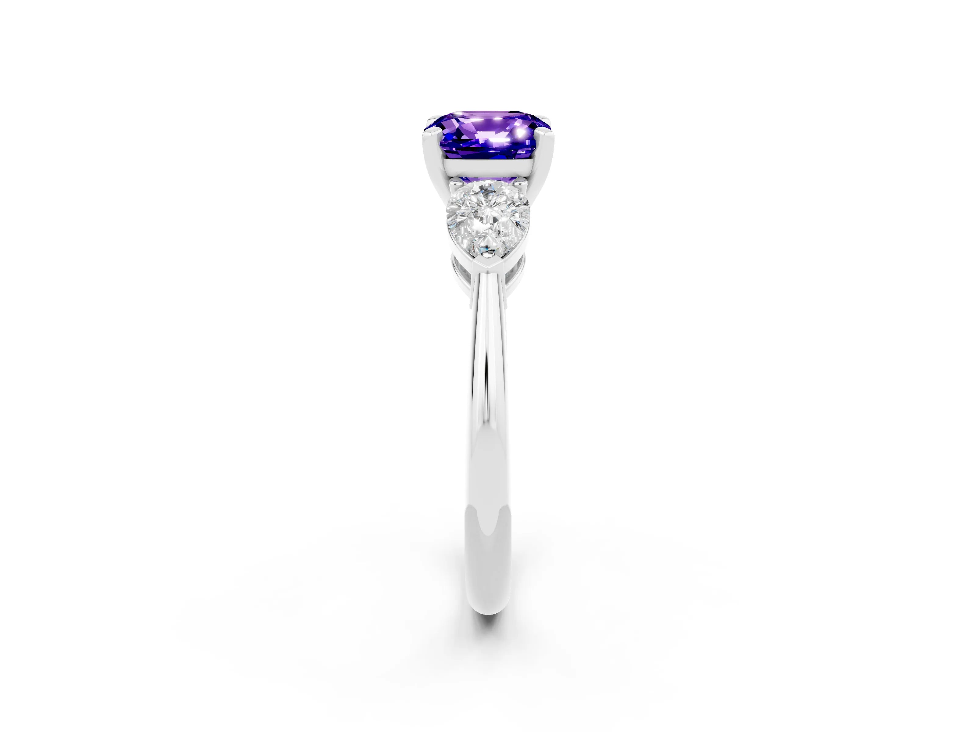 White gold Three-Stone Cushion Cut Tanzanite Ring with Pear Side Stones and Four-Prong Setting_2