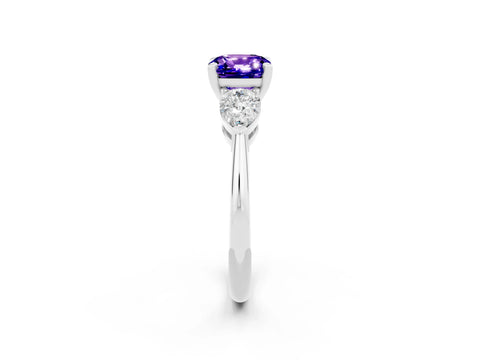 White gold Three-Stone Cushion Cut Tanzanite Ring with Pear Side Stones and Four-Prong Setting_2