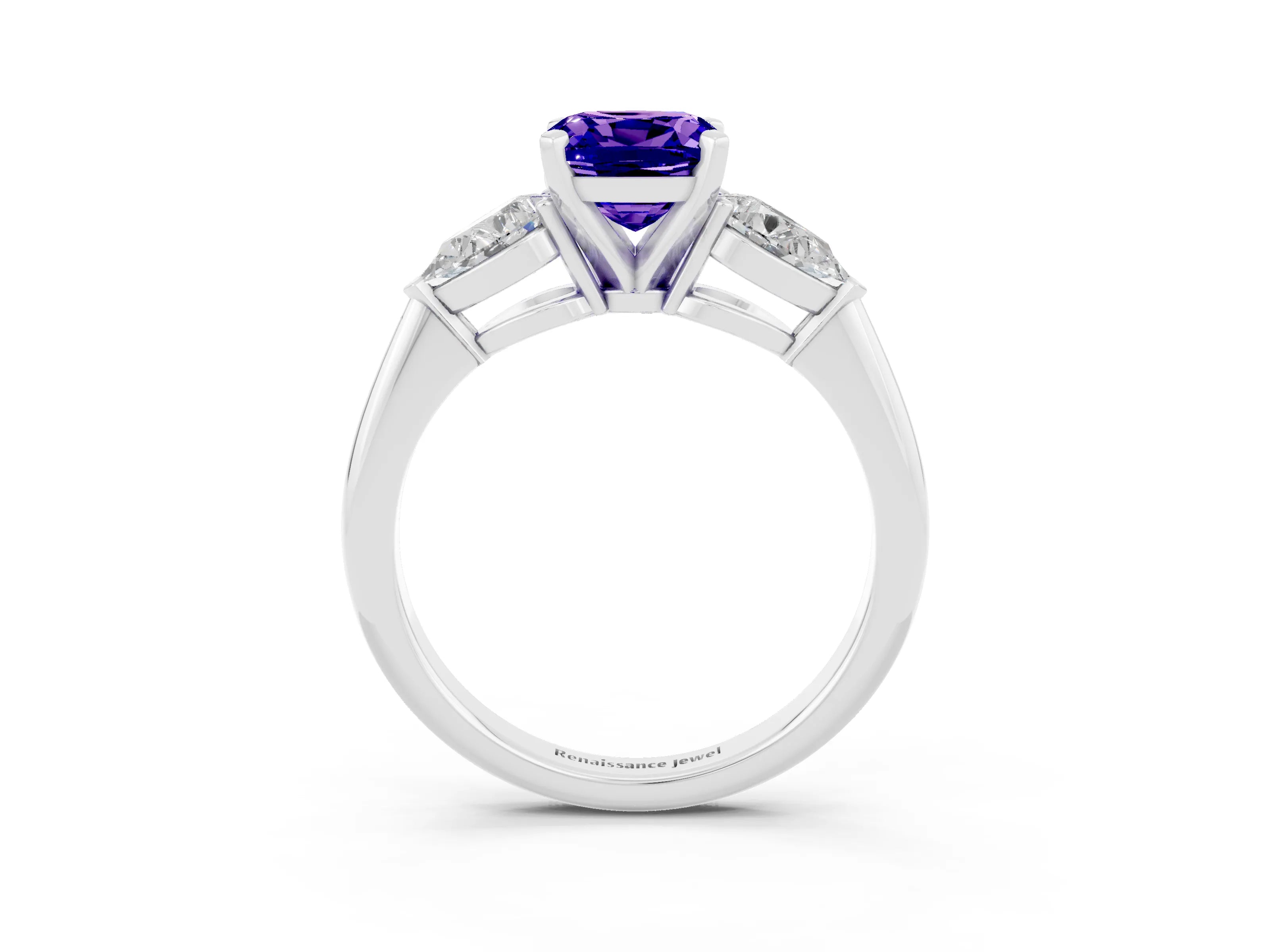 White gold Three-Stone Cushion Cut Tanzanite Ring with Pear Side Stones and Four-Prong Setting_3