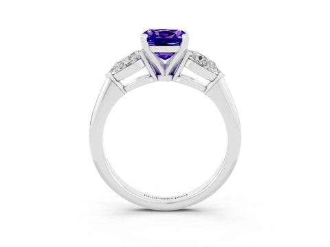 White gold Three-Stone Cushion Cut Tanzanite Ring with Pear Side Stones and Four-Prong Setting_3