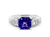 White gold Three-Stone Cushion Cut Tanzanite Ring with Pear Side Stones and Four-Prong Setting