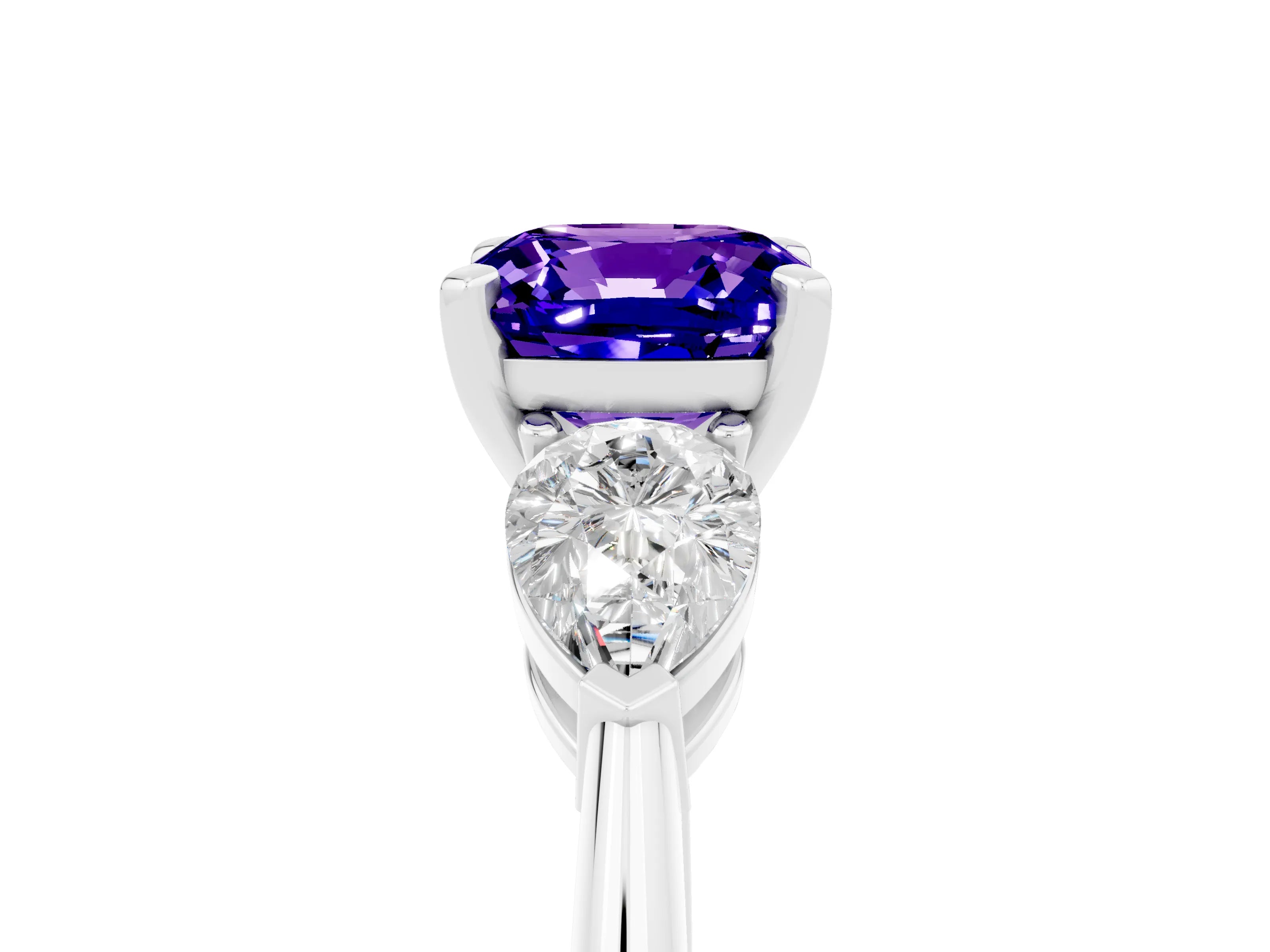White gold Three-Stone Cushion Cut Tanzanite Ring with Pear Side Stones and Four-Prong Setting_5