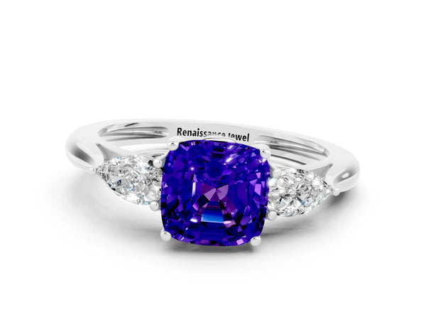 Platinum Three-Stone Cushion Cut Tanzanite Ring with Pear  Side Stones in Four-Prong Setting