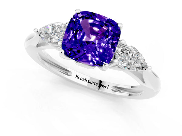 Platinum Three-Stone Cushion Cut Tanzanite Ring with Pear  Side Stones in Four-Prong Setting