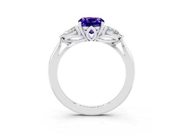 Platinum Three-Stone Cushion Cut Tanzanite Ring with Pear  Side Stones in Four-Prong Setting