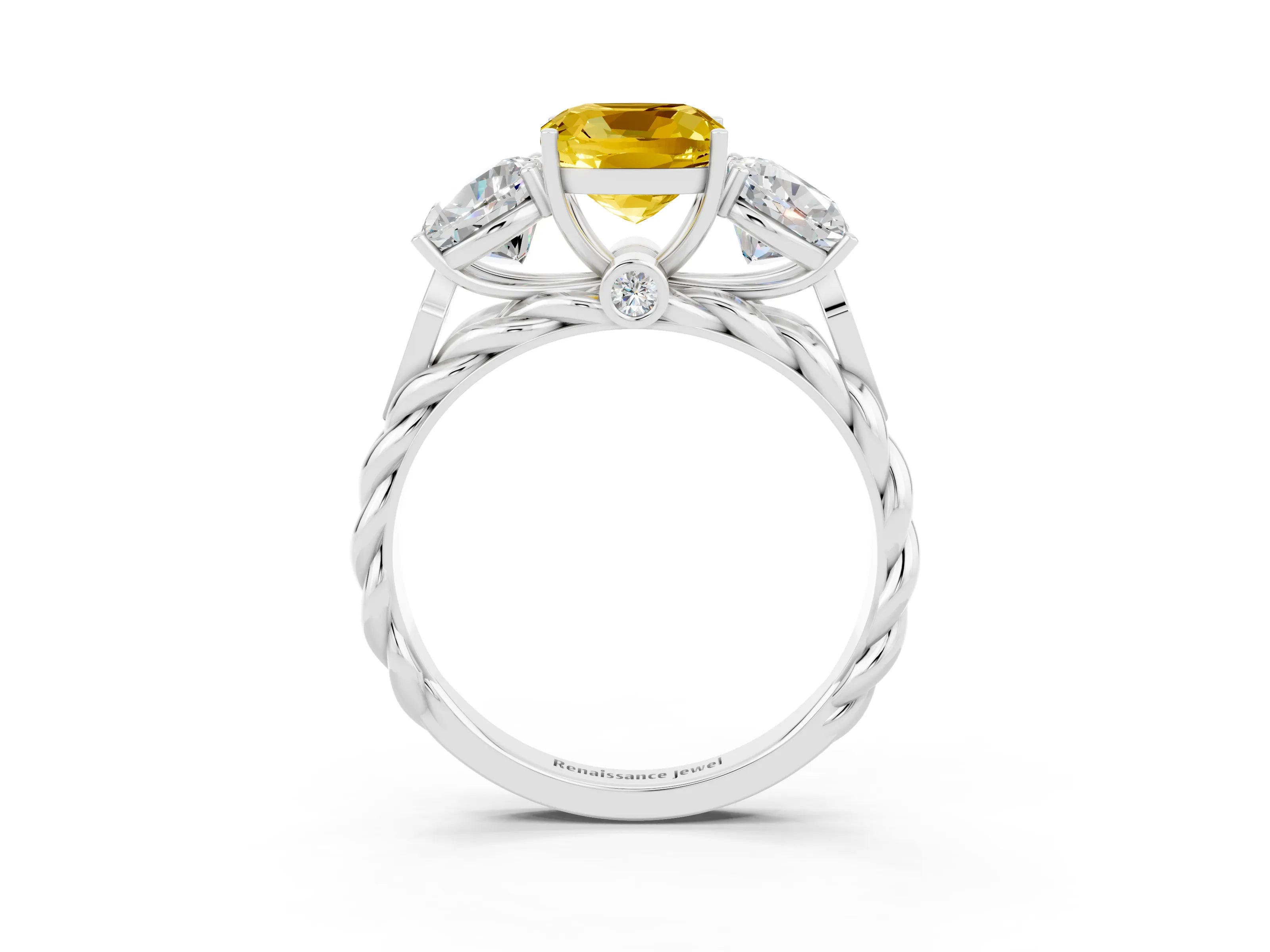 White gold Three-Stone Cushion Cut Yellow Sapphire Braided Band Ring with Four-Prong Setting_60