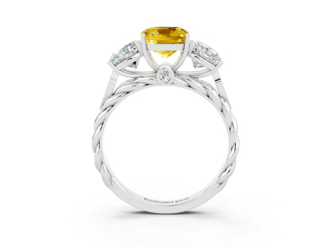 White gold Three-Stone Cushion Cut Yellow Sapphire Braided Band Ring with Four-Prong Setting_60