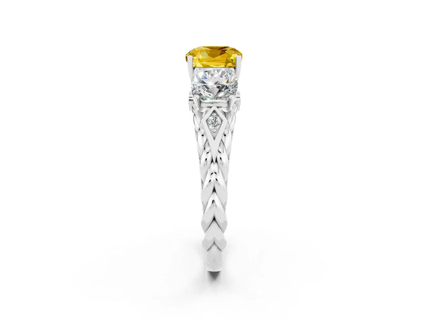 Platinum Three-Stone Cushion Cut Yellow Sapphire Braided Band Ring with Four-Prong Setting