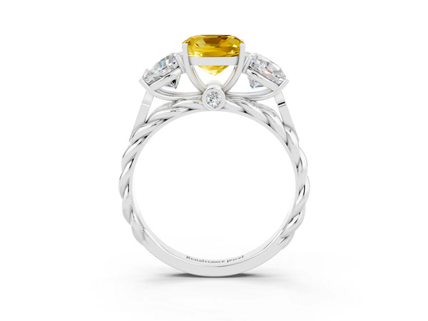 Platinum Three-Stone Cushion Cut Yellow Sapphire Braided Band Ring with Four-Prong Setting