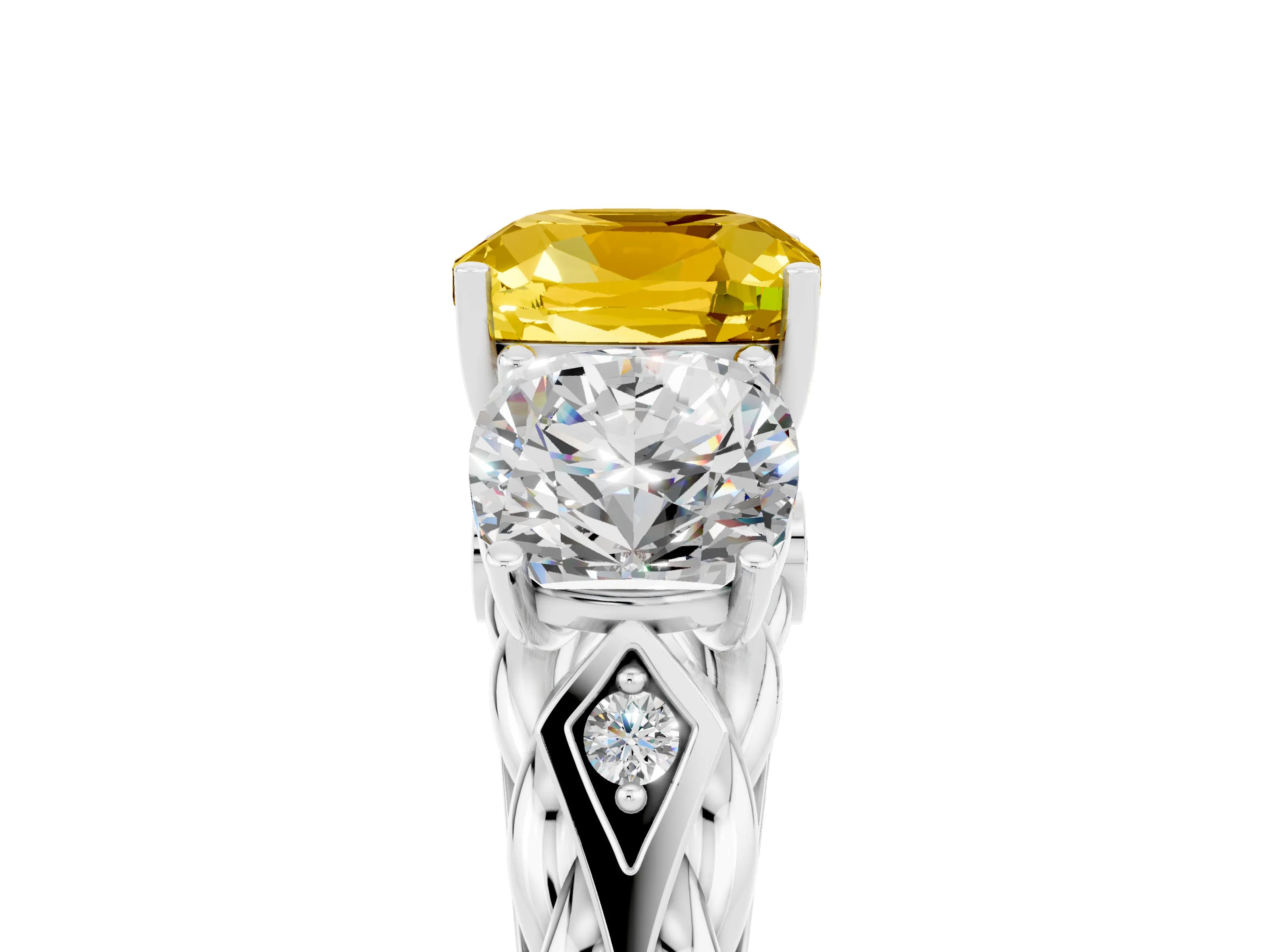 White gold Three-Stone Cushion Cut Yellow Sapphire Braided Band Ring with Four-Prong Setting_65