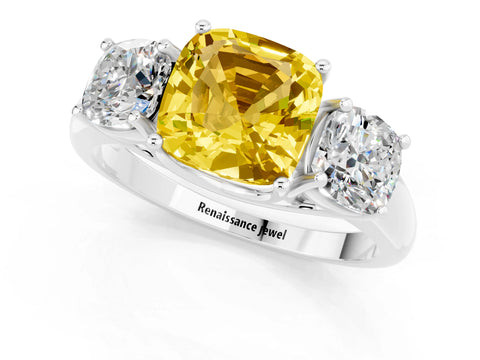 White gold Three-Stone Cushion Cut Yellow Sapphire Engagement Ring with Prong Setting_1