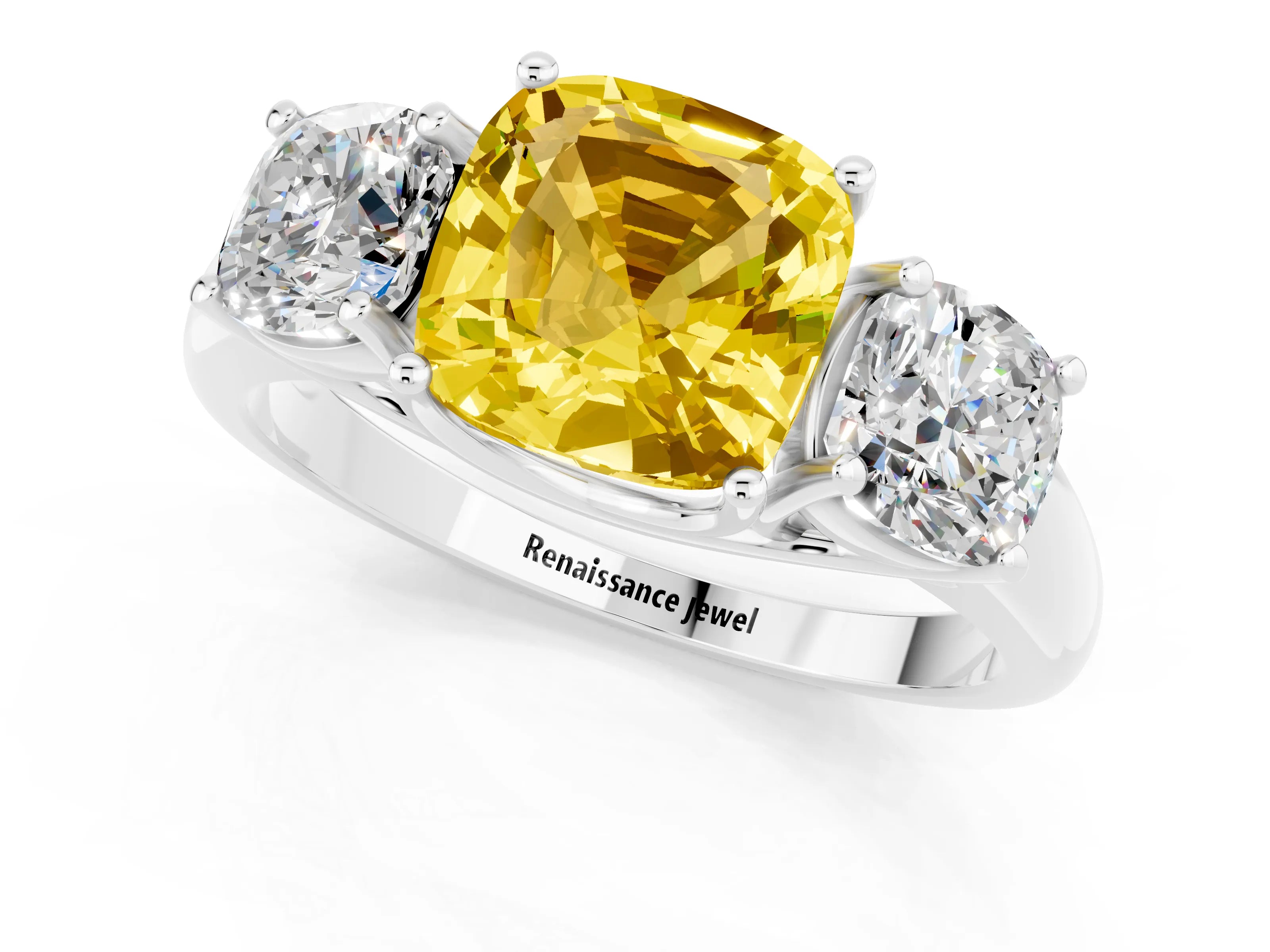 White gold Three-Stone Cushion Cut Yellow Sapphire Engagement Ring with Prong Setting_1