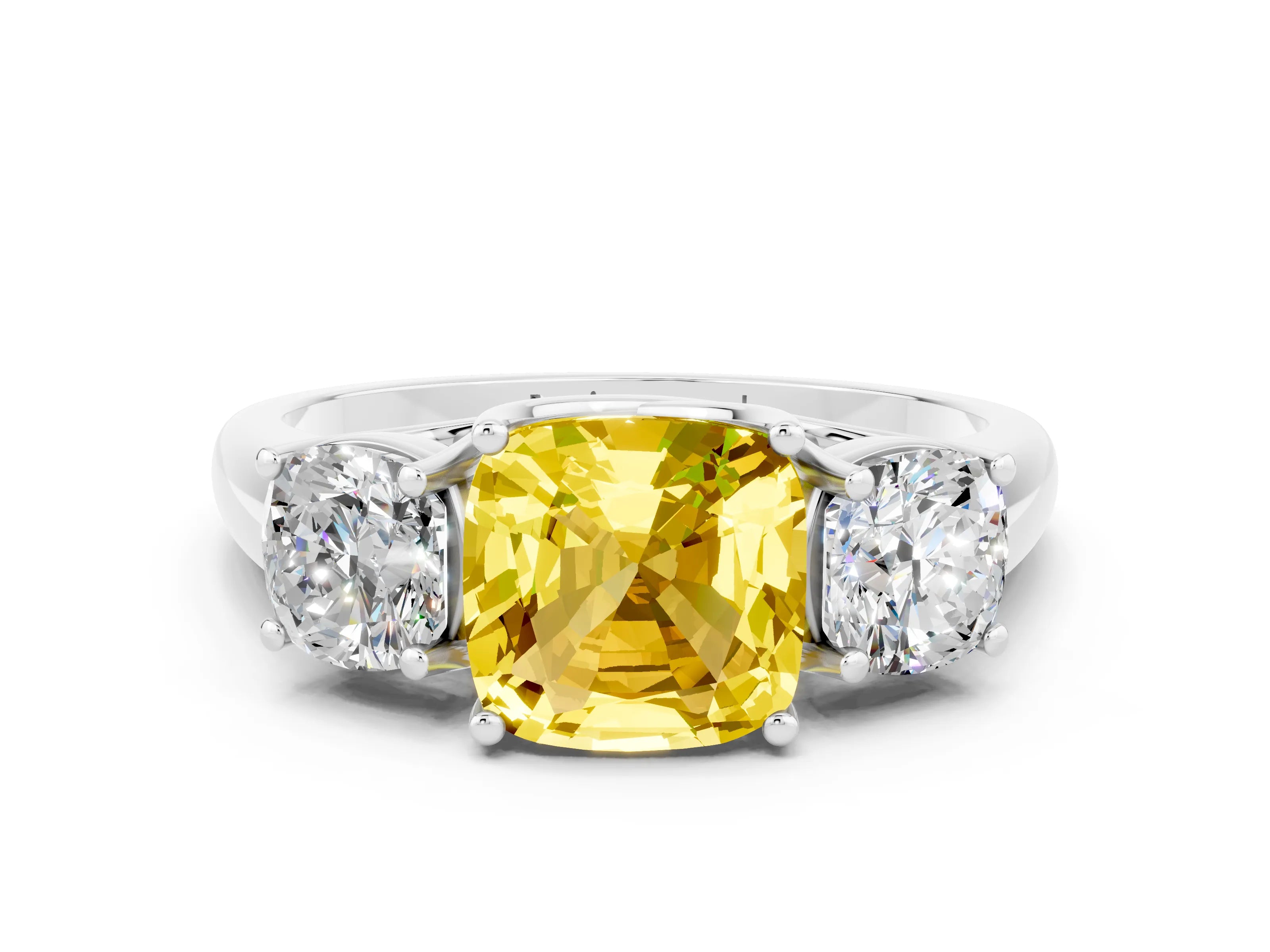 White gold Three-Stone Cushion Cut Yellow Sapphire Engagement Ring with Prong Setting