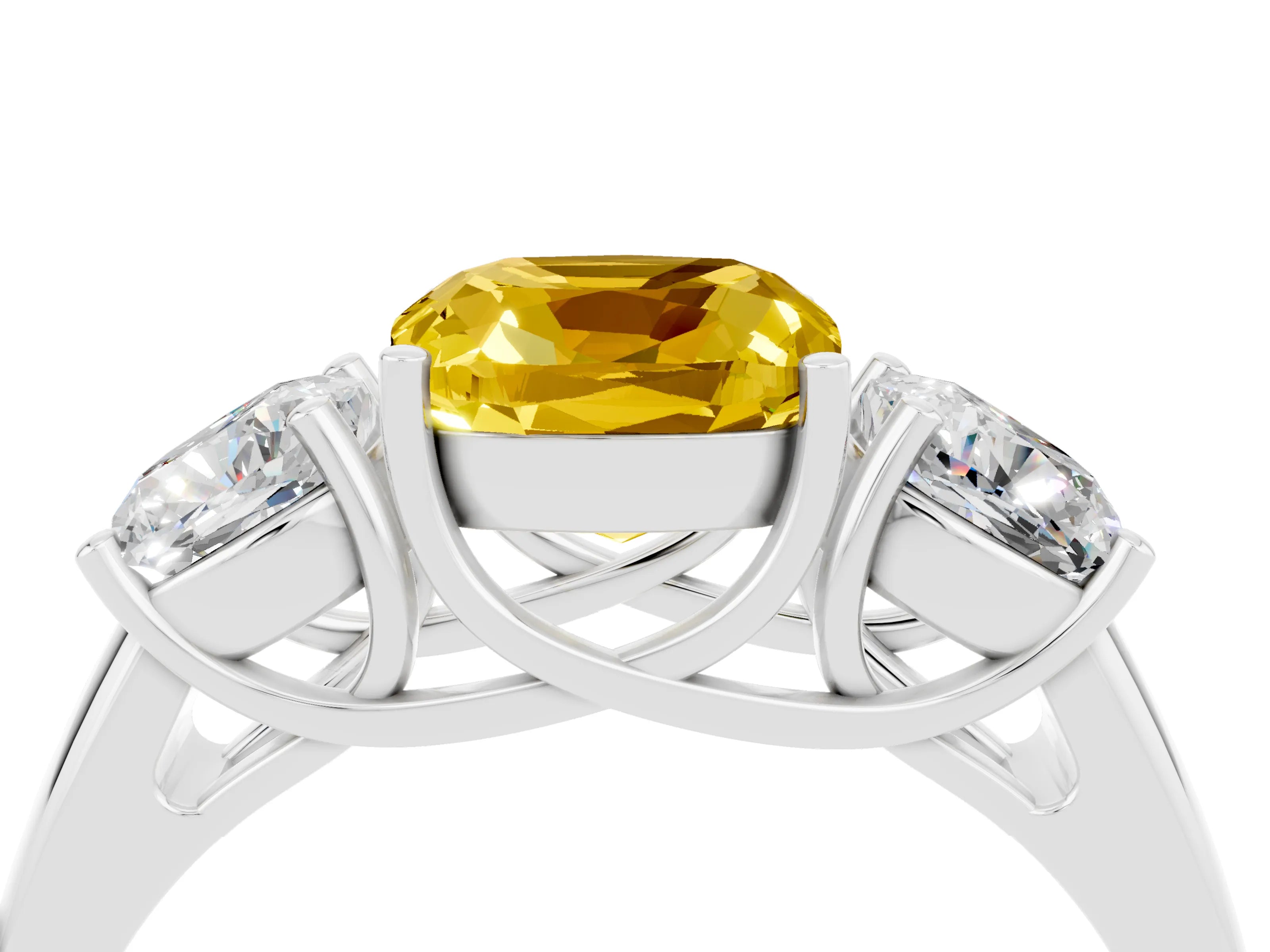 White gold Three-Stone Cushion Cut Yellow Sapphire Engagement Ring with Prong Setting_4