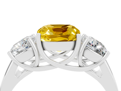 White gold Three-Stone Cushion Cut Yellow Sapphire Engagement Ring with Prong Setting_4