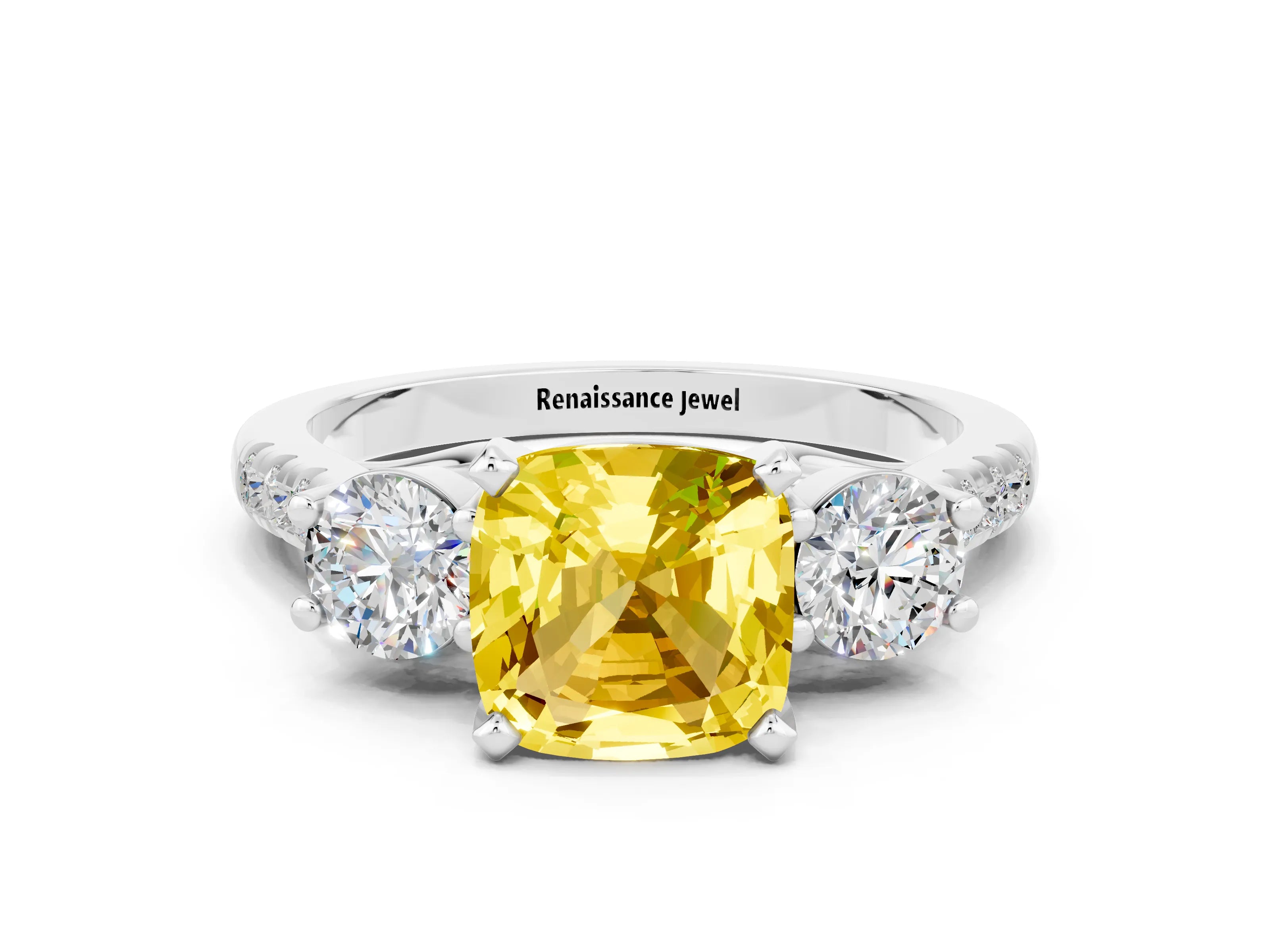 White gold Three-Stone Cushion Cut Yellow Sapphire Pavé Band with Four-Prong Setting_24