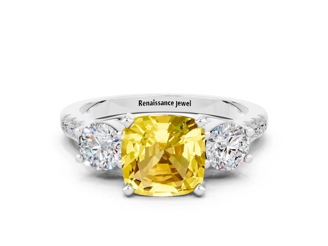 White gold Three-Stone Cushion Cut Yellow Sapphire Pavé Band with Four-Prong Setting_24