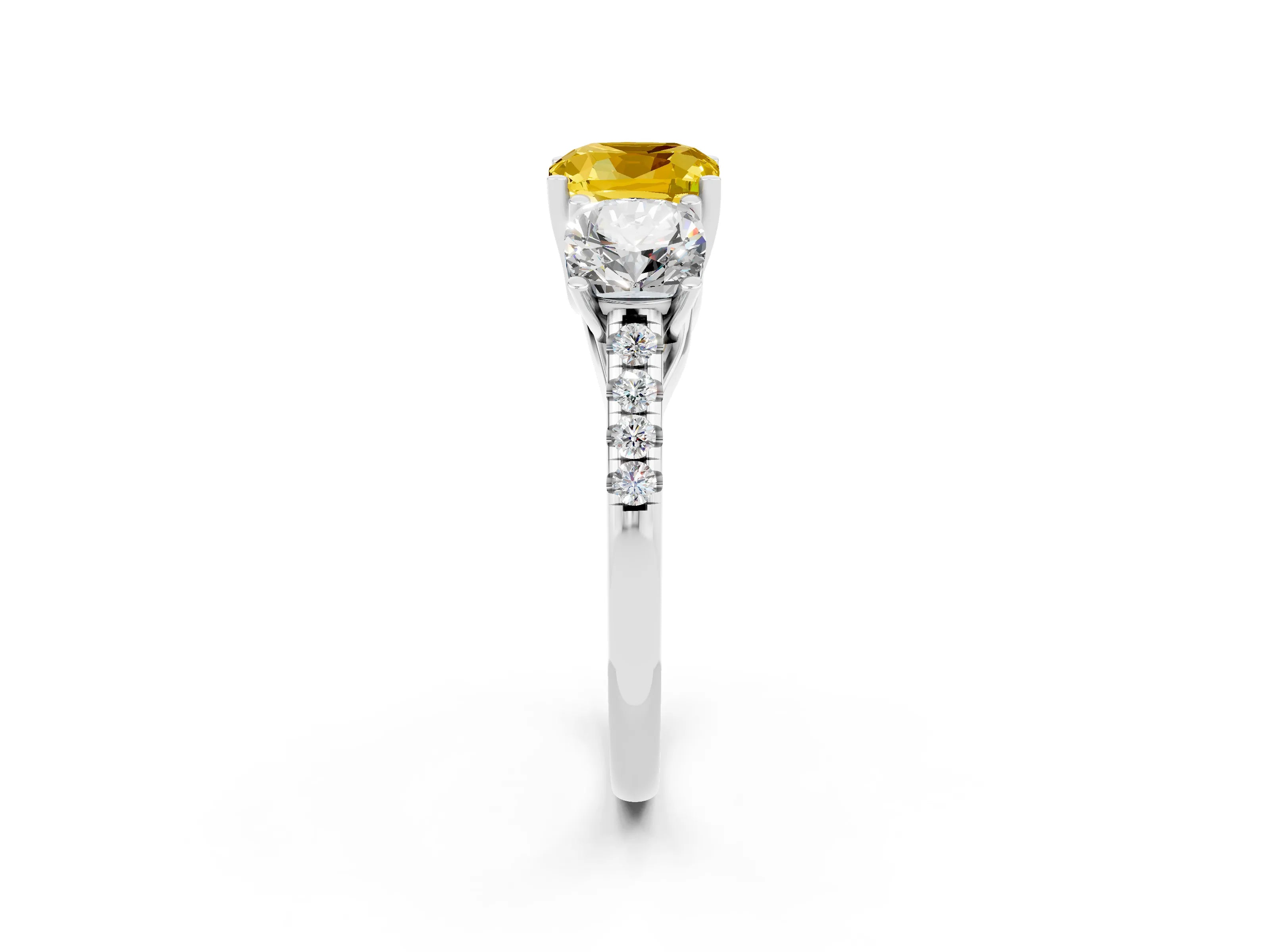 White gold Three-Stone Cushion Cut Yellow Sapphire Ring with Pavé Band and Prong Setting_38
