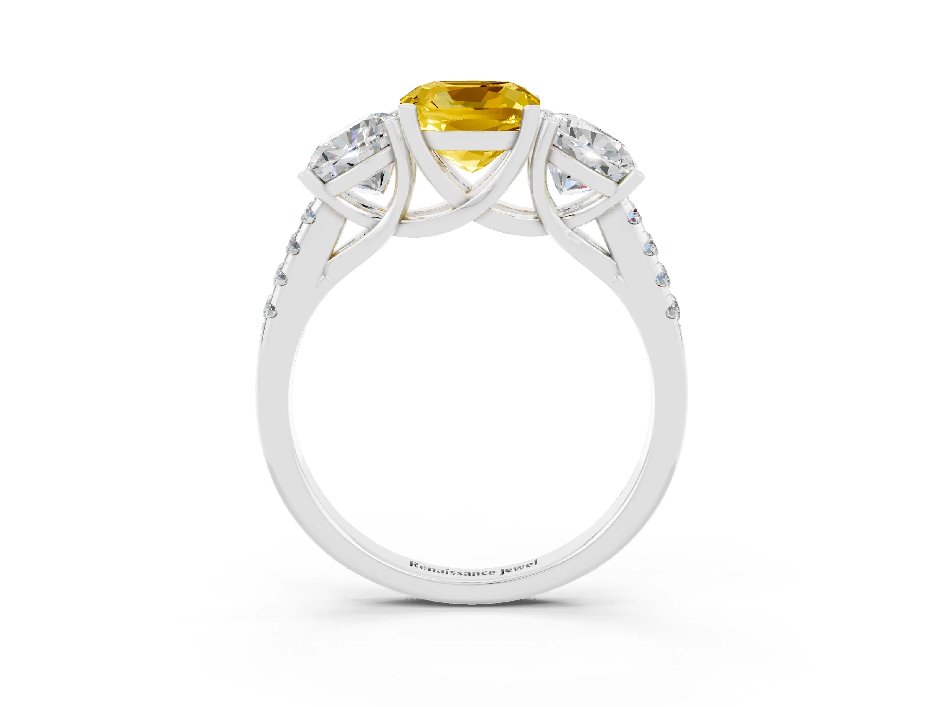 White gold Three-Stone Cushion Cut Yellow Sapphire Ring with Pavé Band and Prong Setting_39