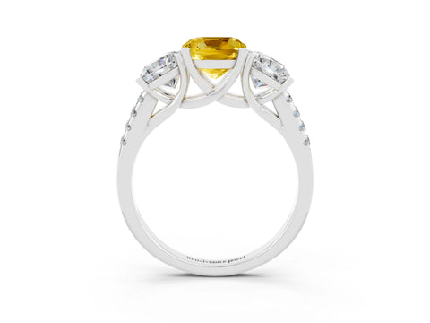 White gold Three-Stone Cushion Cut Yellow Sapphire Ring with Pavé Band and Prong Setting_39
