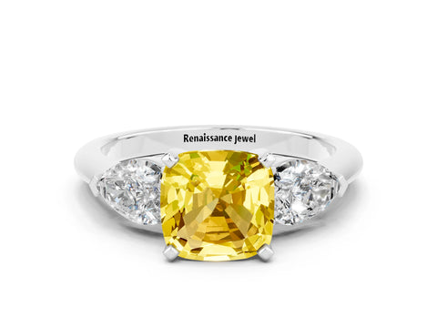 White gold Three-Stone Cushion Cut Yellow Sapphire Ring with Pear Side Stones and Four-Prong Setting_24