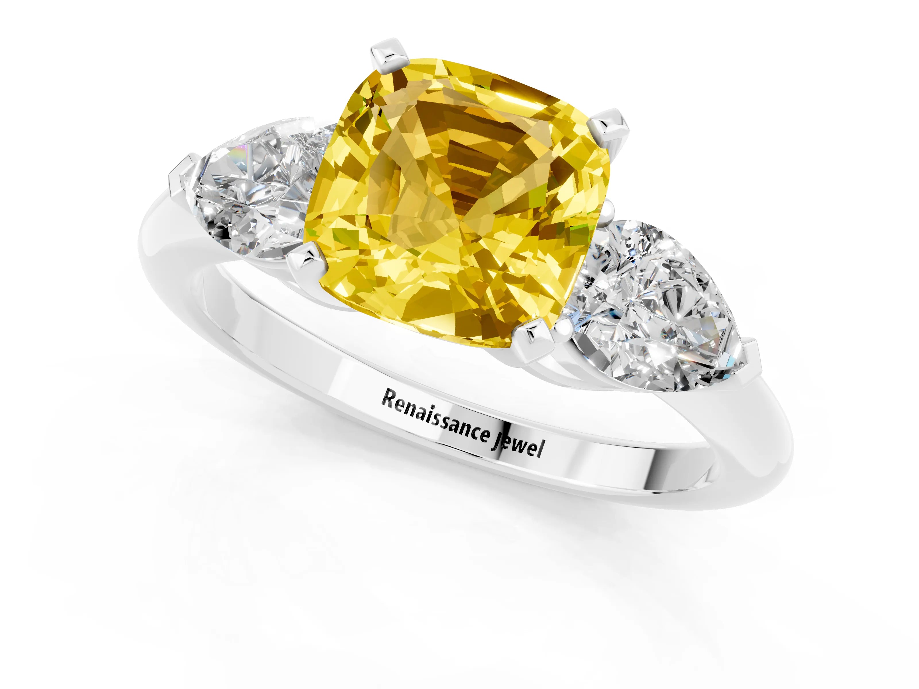 White gold Three-Stone Cushion Cut Yellow Sapphire Ring with Pear Side Stones and Four-Prong Setting_25