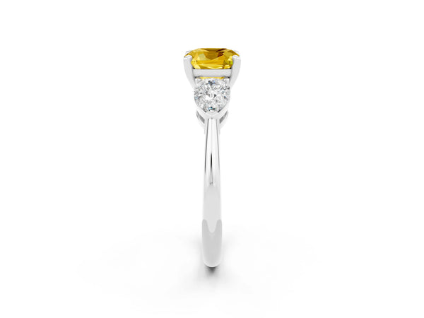White gold Three-Stone Cushion Cut Yellow Sapphire Ring with Pear Side Stones and Four-Prong Setting