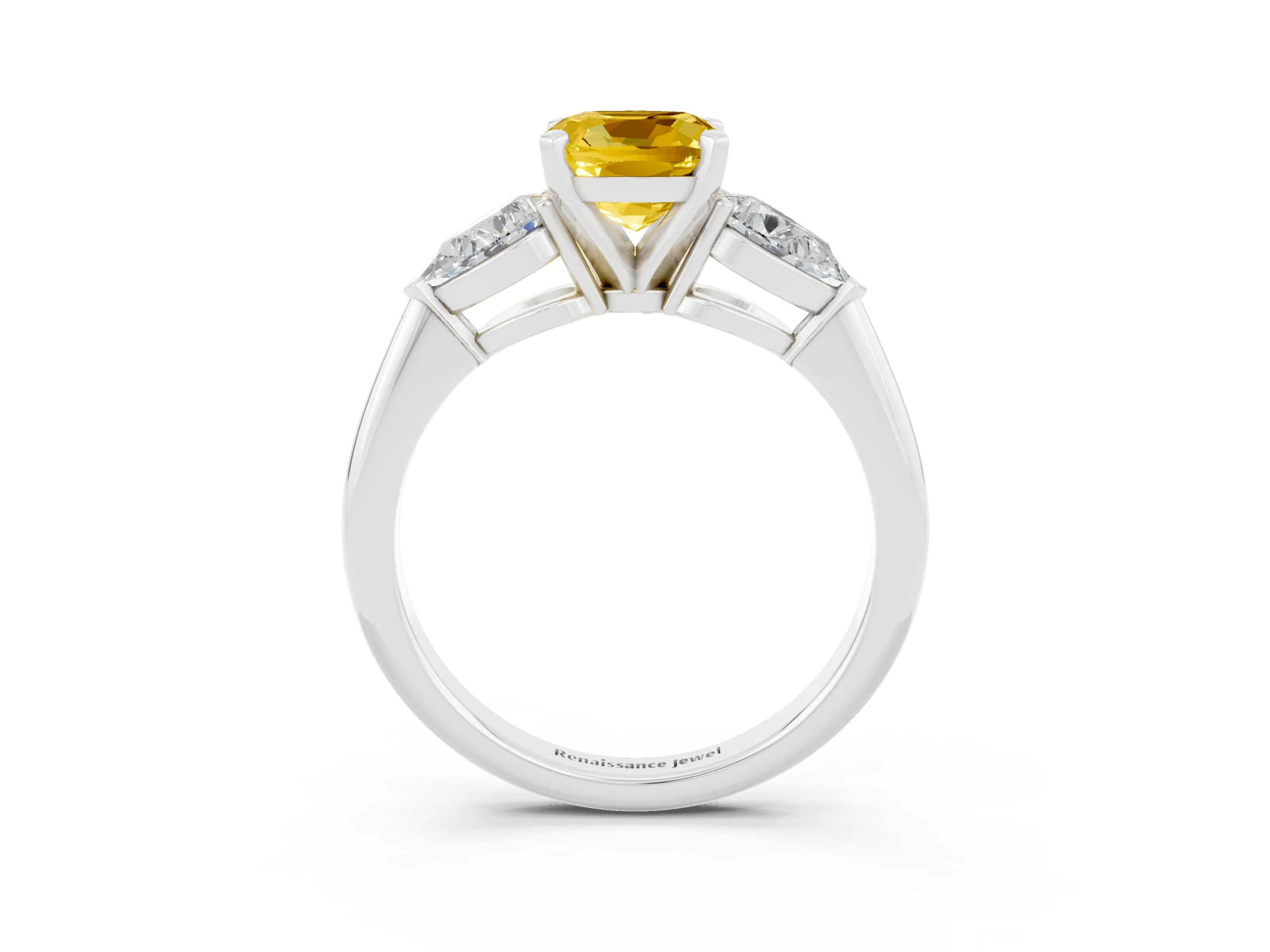 White gold Three-Stone Cushion Cut Yellow Sapphire Ring with Pear Side Stones and Four-Prong Setting_27