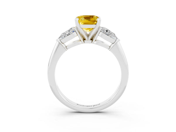 Silver Three-Stone Cushion Cut Yellow Sapphire Ring with Pear Side Stones and Four-Prong Setting