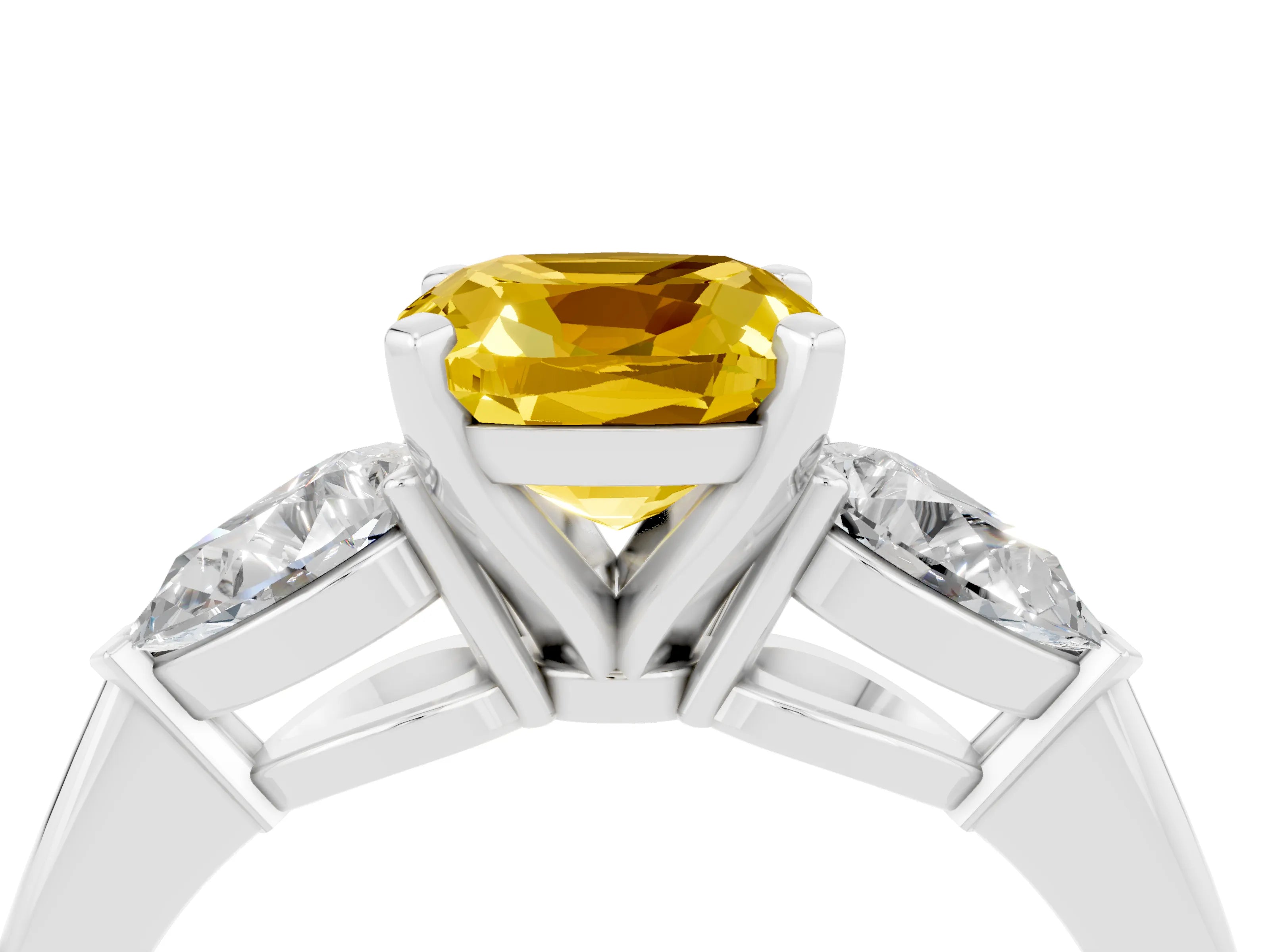 White gold Three-Stone Cushion Cut Yellow Sapphire Ring with Pear Side Stones and Four-Prong Setting_28