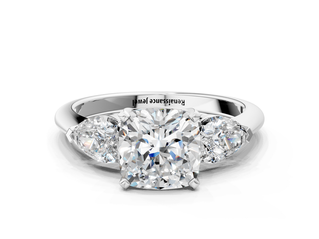 White gold Three-Stone Cushion Diamond Ring with Pear Side Stones in Four-Prong Setting_106
