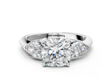 White gold Three-Stone Cushion Diamond Ring with Pear Side Stones in Four-Prong Setting_106
