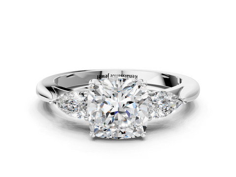 White gold Three-Stone Cushion Diamond Solitaire Ring with Pear Side Stones and Four-Prong Setting_62