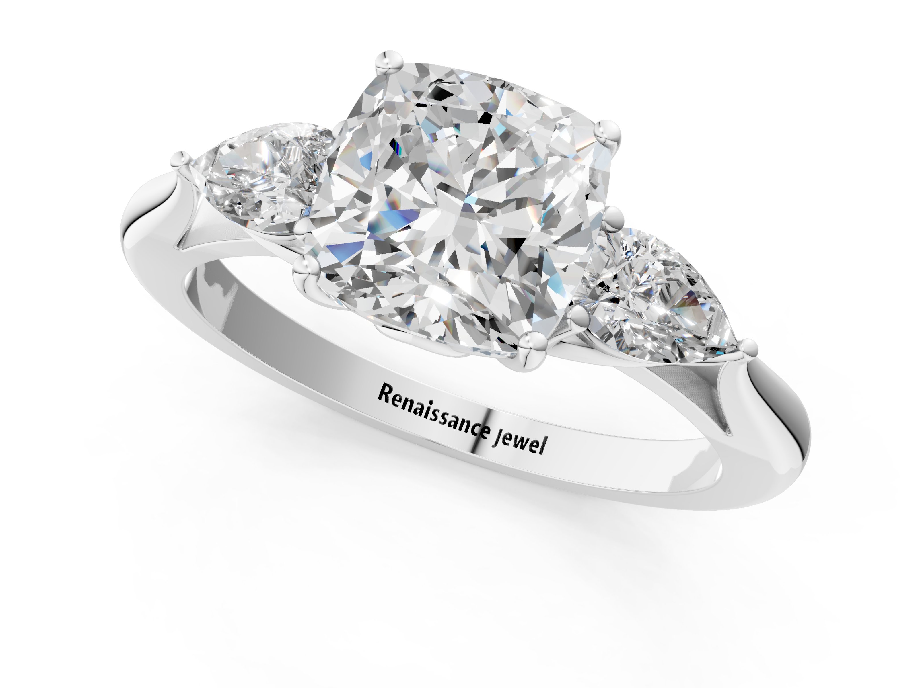 White gold Three-Stone Cushion Diamond Solitaire Ring with Pear Side Stones and Four-Prong Setting_63