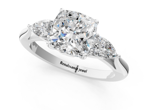 White gold Three-Stone Cushion Diamond Solitaire Ring with Pear Side Stones and Four-Prong Setting_63