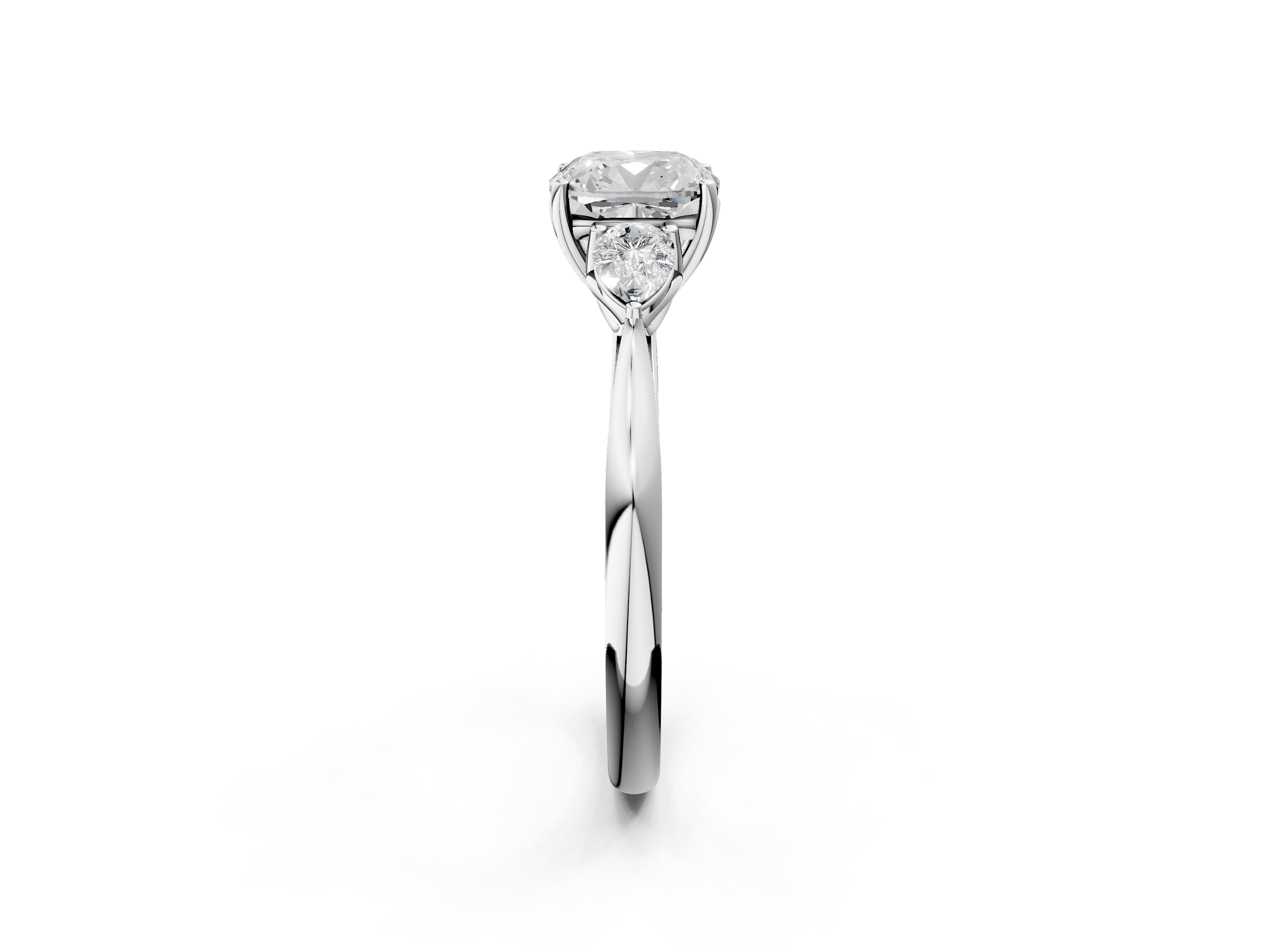 White gold Three-Stone Cushion Diamond Solitaire Ring with Pear Side Stones and Four-Prong Setting_64