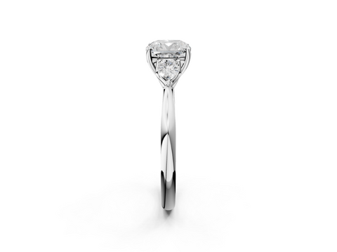 White gold Three-Stone Cushion Diamond Solitaire Ring with Pear Side Stones and Four-Prong Setting_64
