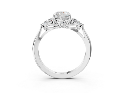 White gold Three-Stone Cushion Diamond Solitaire Ring with Pear Side Stones and Four-Prong Setting_65