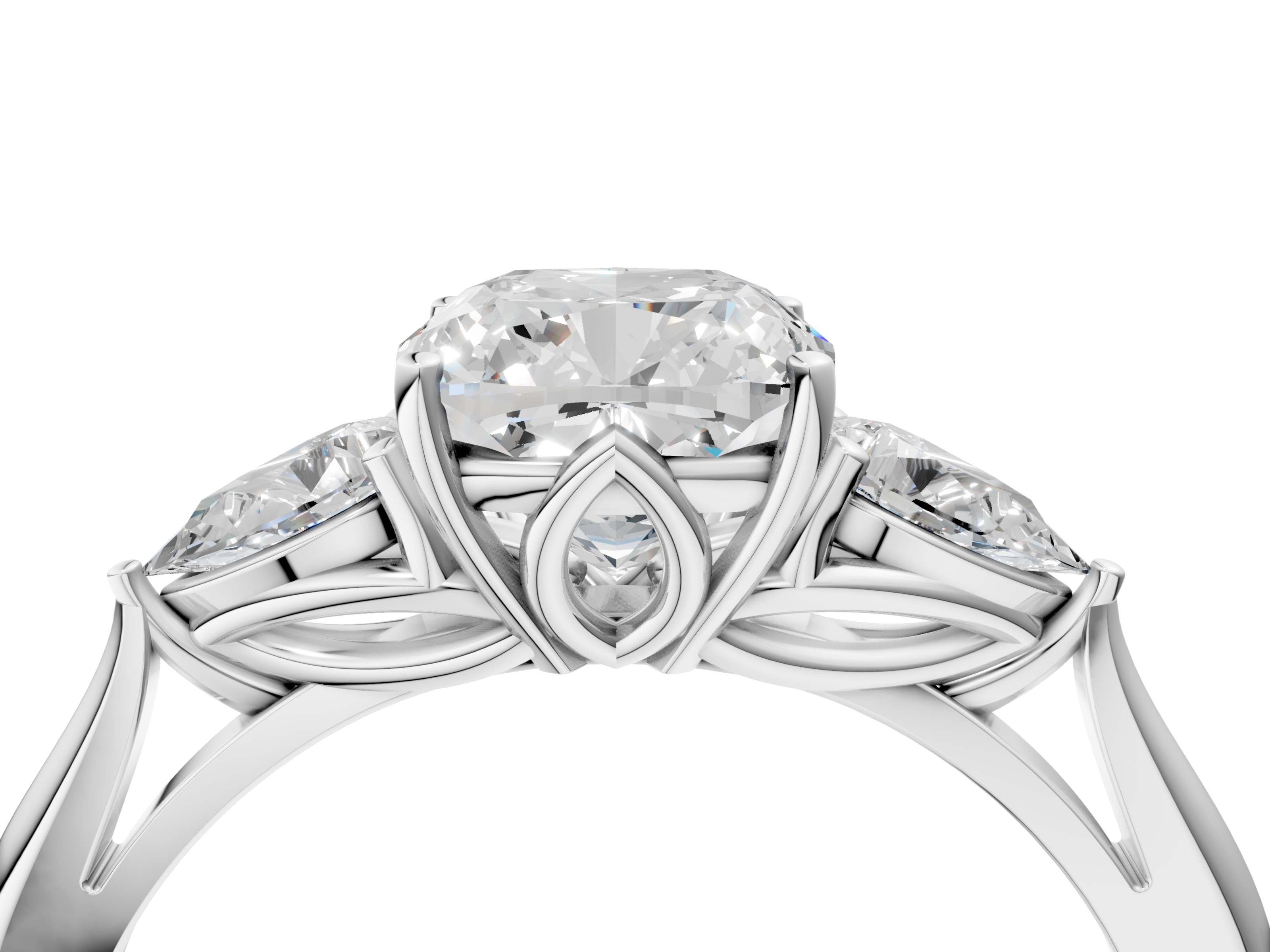 White gold Three-Stone Cushion Diamond Solitaire Ring with Pear Side Stones and Four-Prong Setting_66