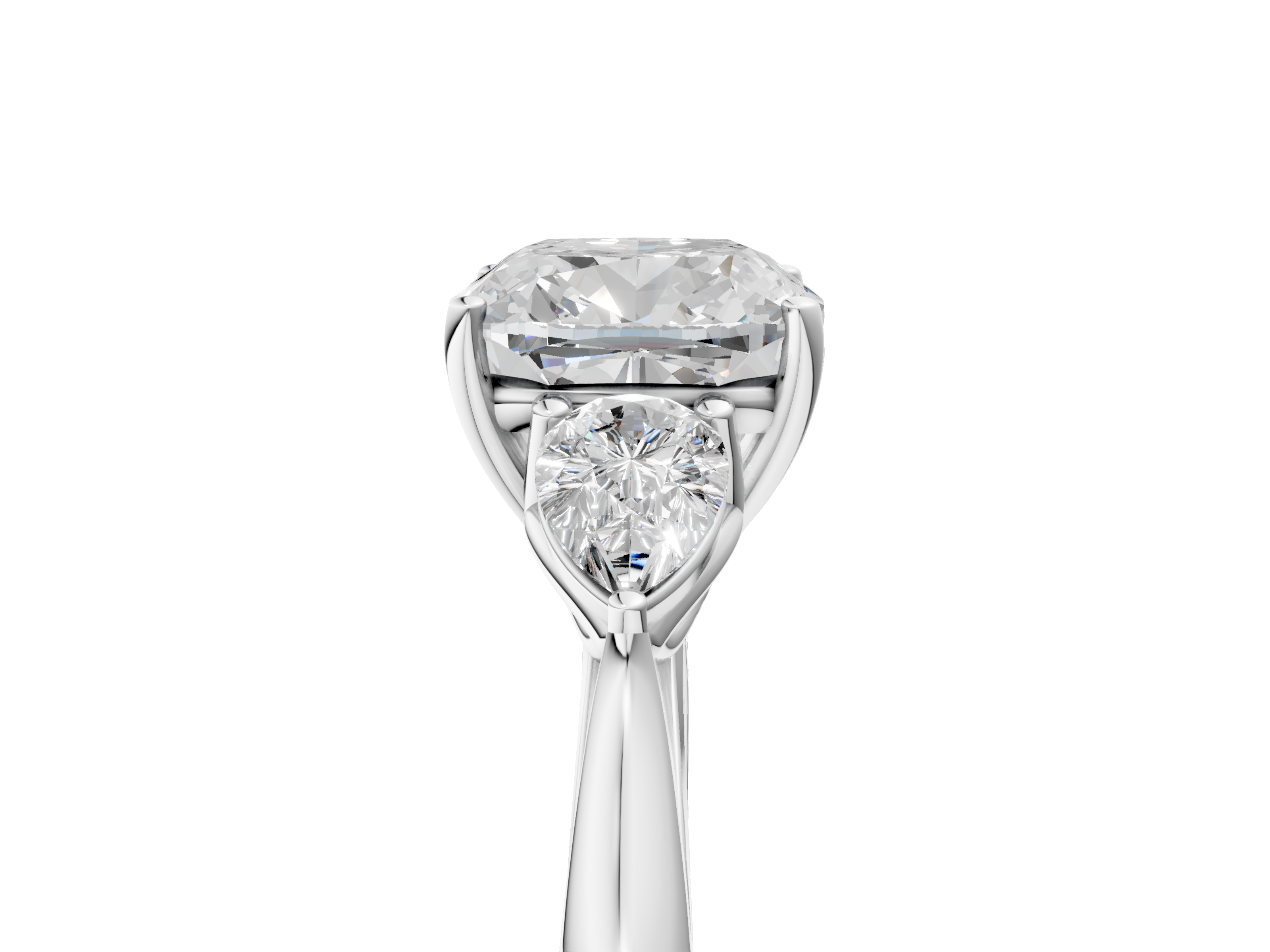 White gold Three-Stone Cushion Diamond Solitaire Ring with Pear Side Stones and Four-Prong Setting_67