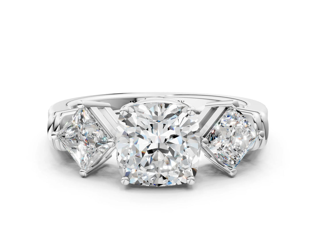 White gold Three-Stone Cushion and Princess Cut Diamond Ring with Channel Band and Four-Prong Setting_28