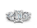 White gold Three-Stone Emerald Brilliant Cut Solitaire Ring with Prong Setting on a Classic Band