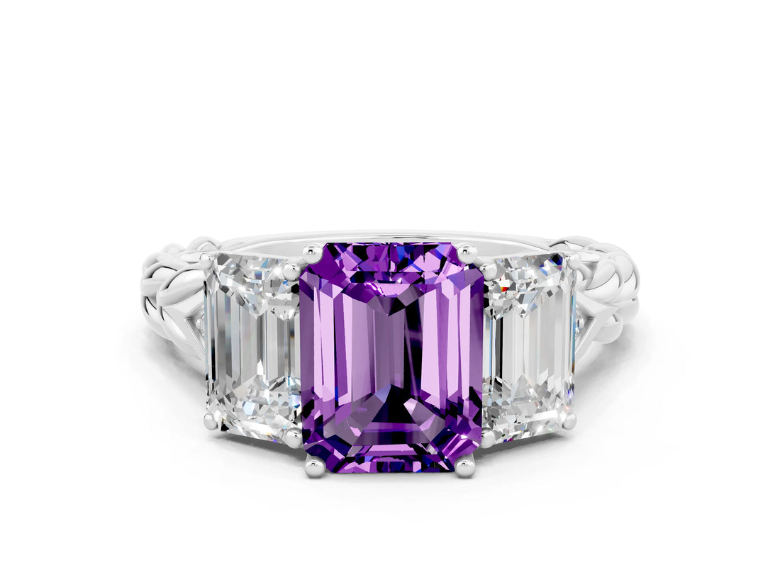 White gold Three-Stone Emerald Cut Amethyst Braided Band Ring with Four-Prong Setting_36