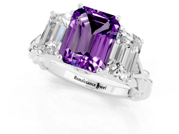 Silver Three-Stone Emerald Cut Amethyst Braided Band Ring with Four-Prong Setting