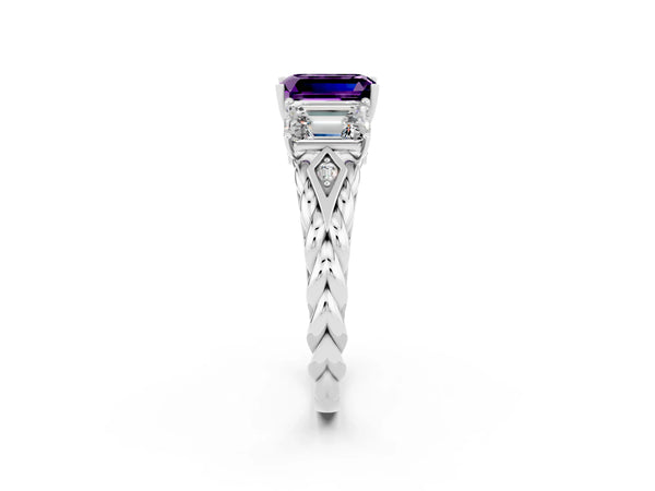 Silver Three-Stone Emerald Cut Amethyst Braided Band Ring with Four-Prong Setting