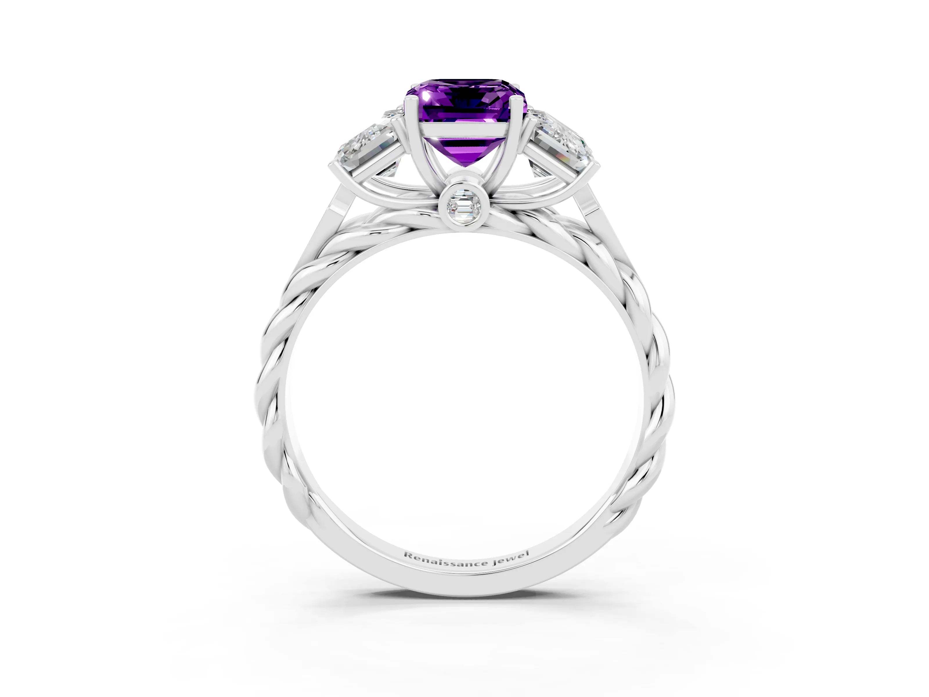 White gold Three-Stone Emerald Cut Amethyst Braided Band Ring with Four-Prong Setting_39