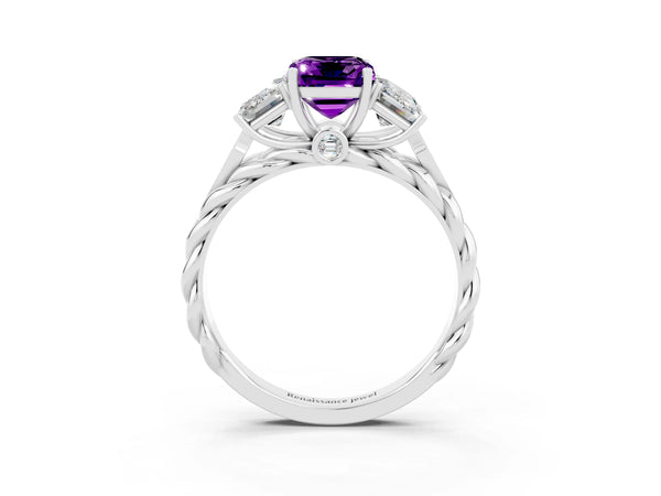 White gold Three-Stone Emerald Cut Amethyst Braided Band Ring with Four-Prong Setting