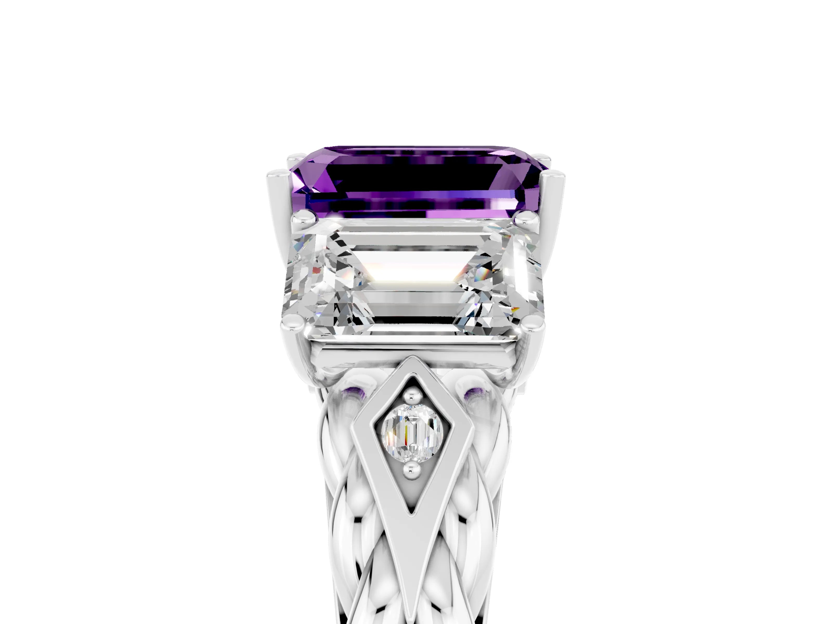 White gold Three-Stone Emerald Cut Amethyst Braided Band Ring with Four-Prong Setting_41