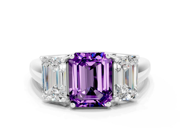 White gold Three-Stone Emerald Cut Amethyst Engagement Ring with Prong Setting